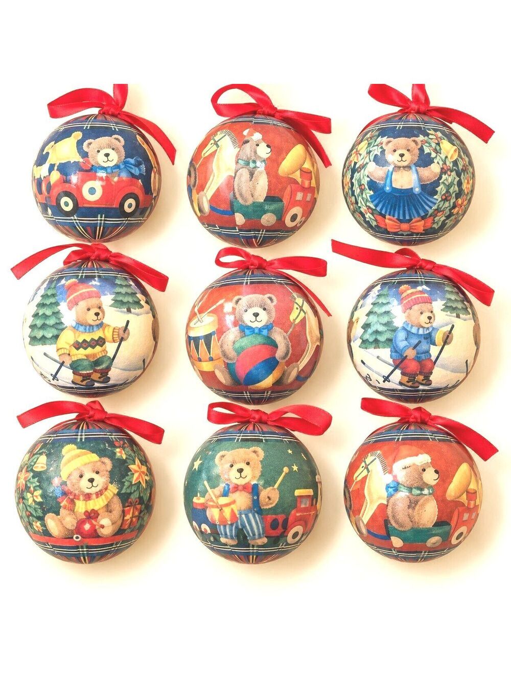 Teddy Bear Christmas Ornaments Set of 9 Paper Mache Decoupage Holiday Decor
